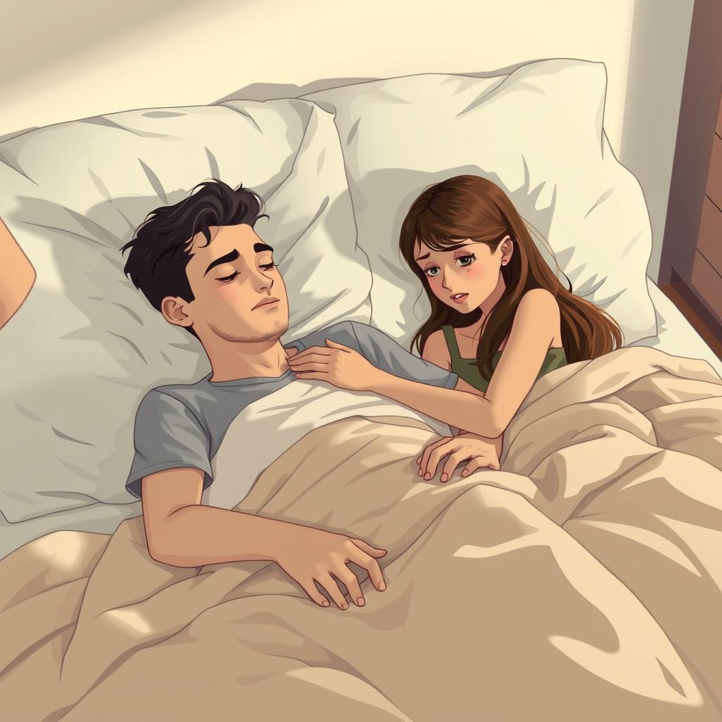 A heartwarming scene depicting a tall, tan brother lounging in bed, appearing to be unwell