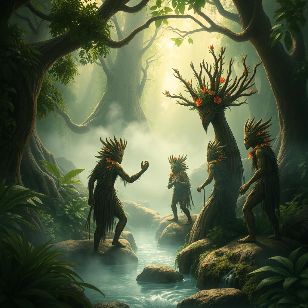 An intriguing fantasy scene set in an ancient jungle, showcasing ethereal Lalchi Log characters, adorned with vibrant tribal designs, engaged in an elaborate tribal ritual