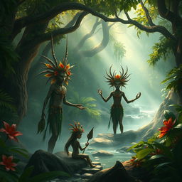 An intriguing fantasy scene set in an ancient jungle, showcasing ethereal Lalchi Log characters, adorned with vibrant tribal designs, engaged in an elaborate tribal ritual