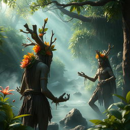 An intriguing fantasy scene set in an ancient jungle, showcasing ethereal Lalchi Log characters, adorned with vibrant tribal designs, engaged in an elaborate tribal ritual