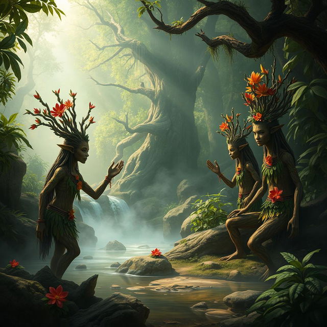 An intriguing fantasy scene set in an ancient jungle, showcasing ethereal Lalchi Log characters, adorned with vibrant tribal designs, engaged in an elaborate tribal ritual