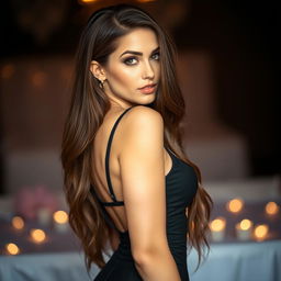 A sexy brown-haired woman with luscious long hair cascading down her shoulders, wearing a stylish and form-fitting outfit that accentuates her curves