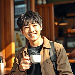 A young Japanese man wearing a stylish casual outfit, with short black hair, smiling as he carries a steaming cup of coffee in a cozy urban café setting