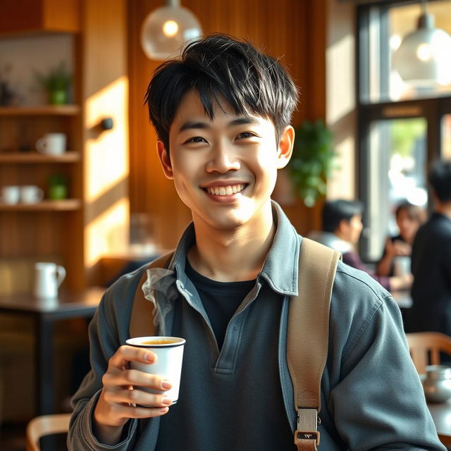 A young Japanese man wearing a stylish casual outfit, with short black hair, smiling as he carries a steaming cup of coffee in a cozy urban café setting