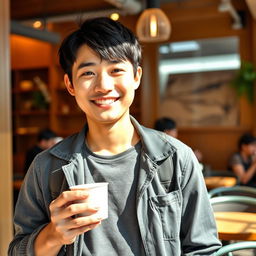 A young Japanese man wearing a stylish casual outfit, with short black hair, smiling as he carries a steaming cup of coffee in a cozy urban café setting