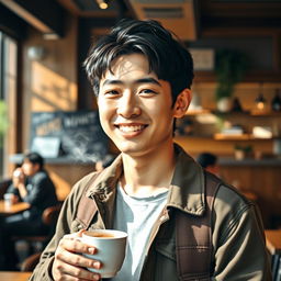 A young Japanese man wearing a stylish casual outfit, with short black hair, smiling as he carries a steaming cup of coffee in a cozy urban café setting