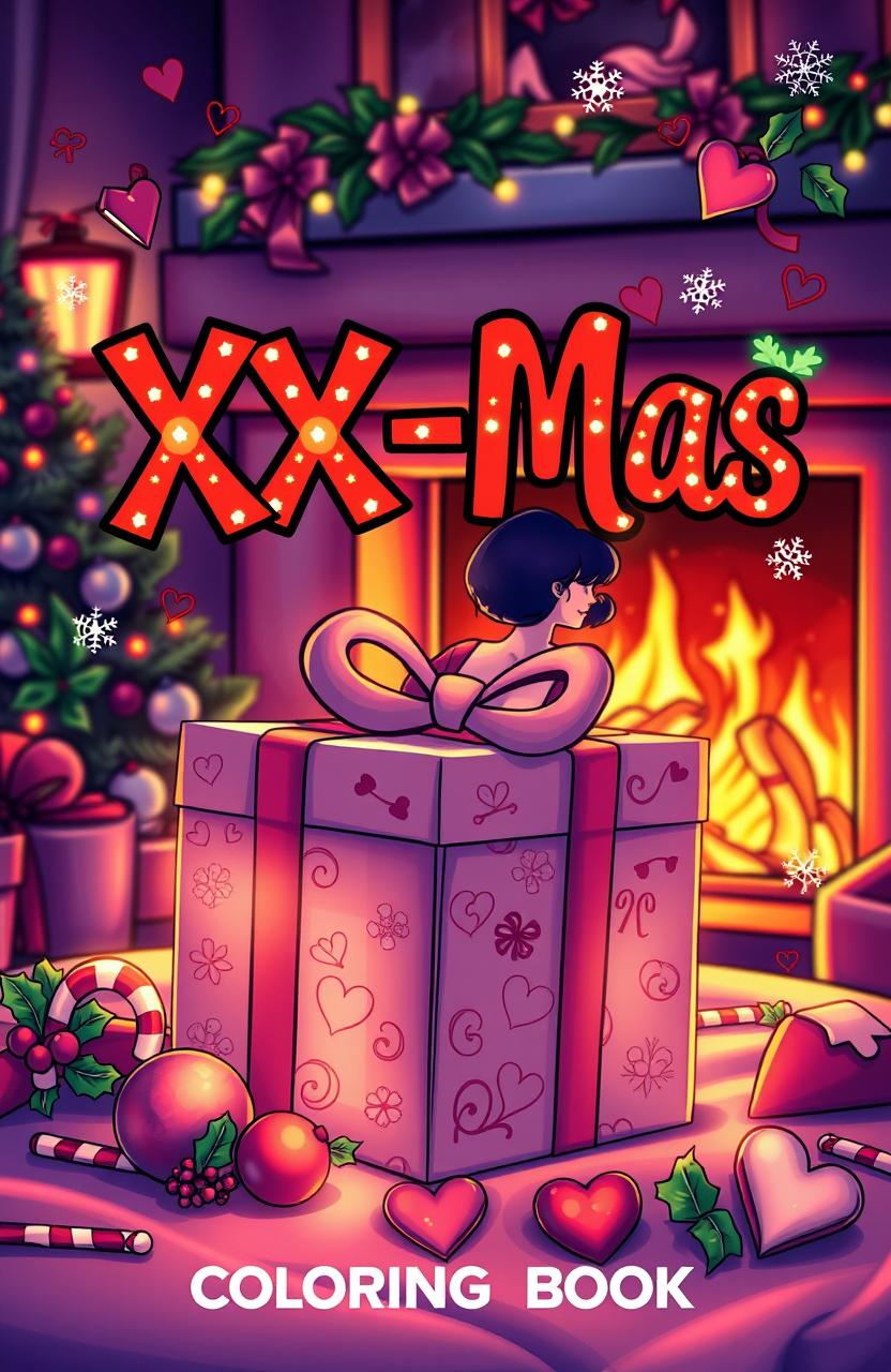 An enticing cover for an erotic coloring book titled "XXX-Mas", featuring a Christmas theme with playful, adult-oriented illustrations