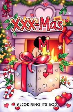 An enticing cover for an erotic coloring book titled "XXX-Mas", featuring a Christmas theme with playful, adult-oriented illustrations