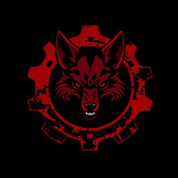 A striking pixel art design featuring a blood-red and black gear