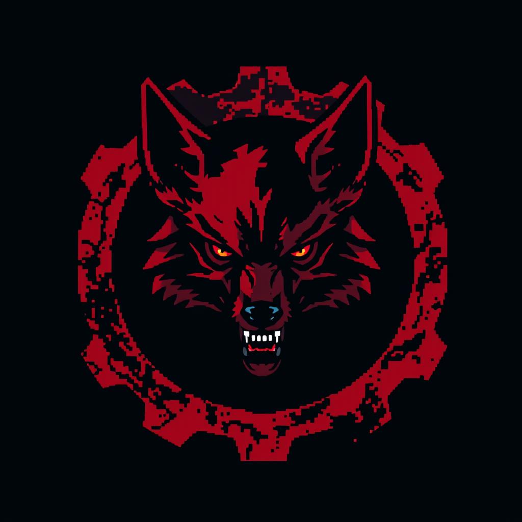 A striking pixel art design featuring a blood-red and black gear