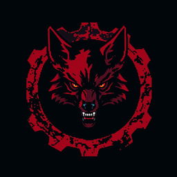 A striking pixel art design featuring a blood-red and black gear