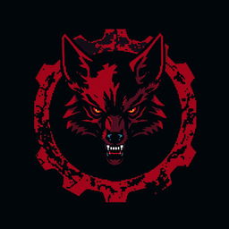 A striking pixel art design featuring a blood-red and black gear