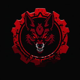 A striking pixel art design featuring a blood-red and black gear