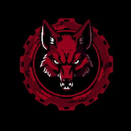 A striking pixel art design featuring a blood-red and black gear