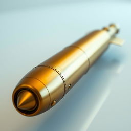 A golden missile with a slightly dull finish, reflecting minimal light, set against a soft, blurred background that enhances its metallic texture