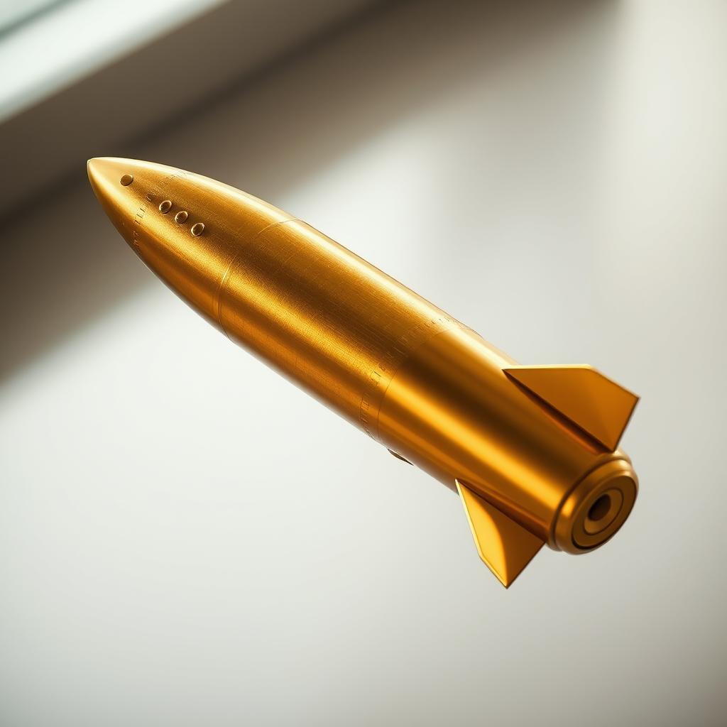 A golden missile with a slightly dull finish, reflecting minimal light, set against a soft, blurred background that enhances its metallic texture