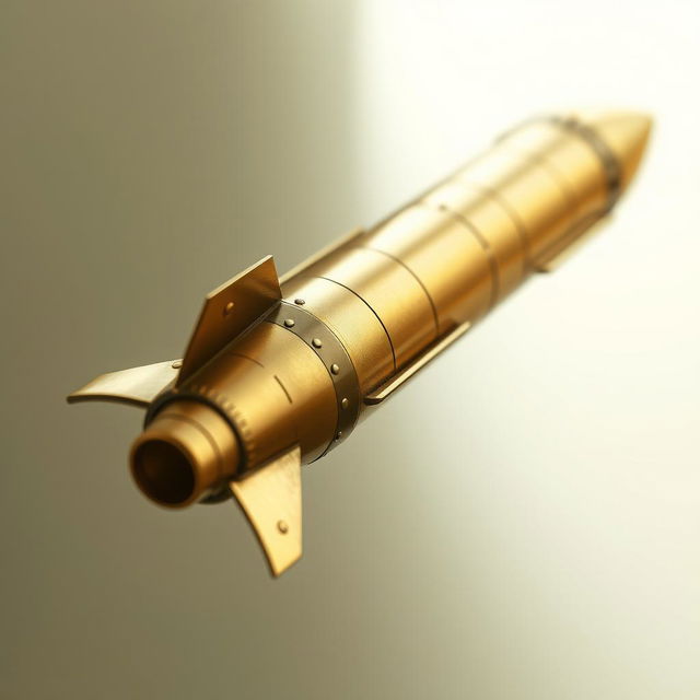 A golden missile with a slightly dull finish, reflecting minimal light, set against a soft, blurred background that enhances its metallic texture