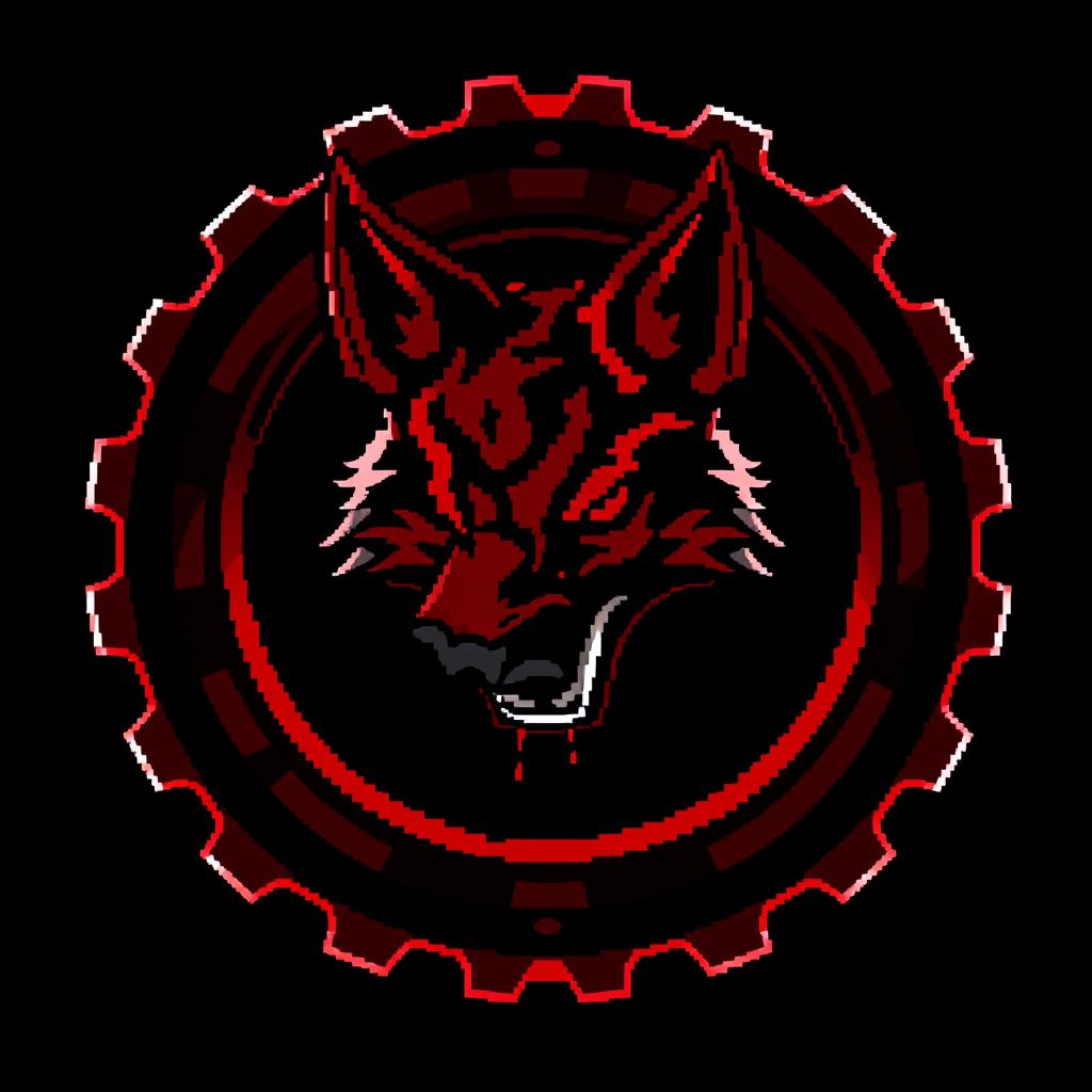 A striking pixel art illustration featuring a blood-red gear with dark red and black accents