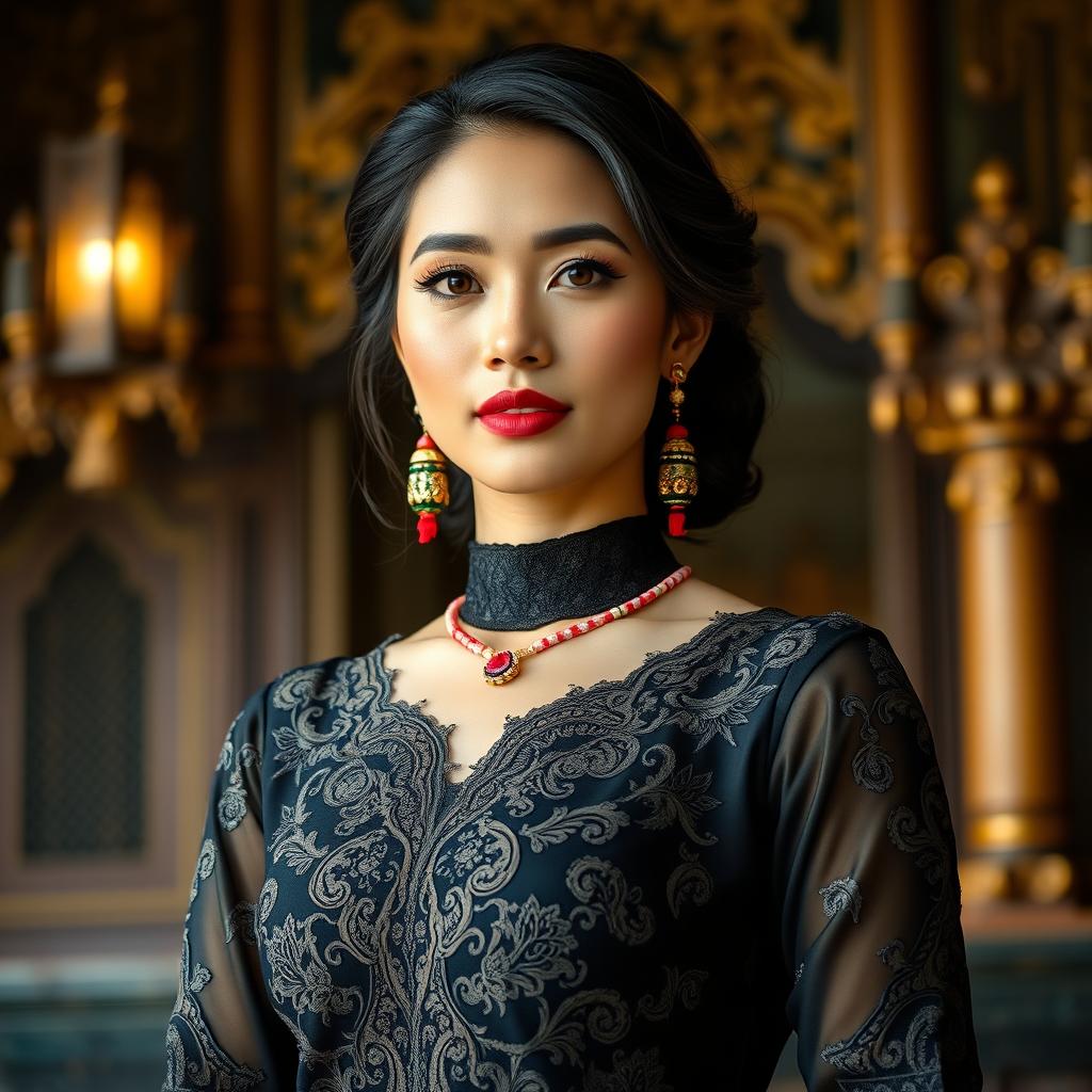 A beautiful traditional Indonesian woman dressed in an elegant black Kebaya, showcasing intricate lace details and vibrant colors of her accessories