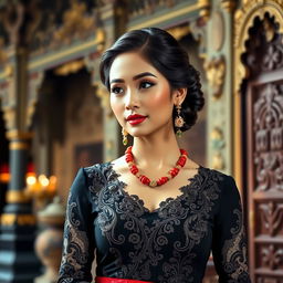 A beautiful traditional Indonesian woman dressed in an elegant black Kebaya, showcasing intricate lace details and vibrant colors of her accessories