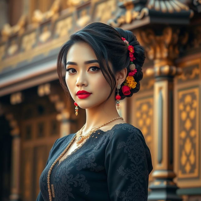 A beautiful traditional Indonesian woman dressed in an elegant black Kebaya, showcasing intricate lace details and vibrant colors of her accessories