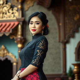 A beautiful traditional Indonesian woman dressed in an elegant black Kebaya, showcasing intricate lace details and vibrant colors of her accessories