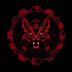 A pixel art illustration featuring a blood-red and black gear