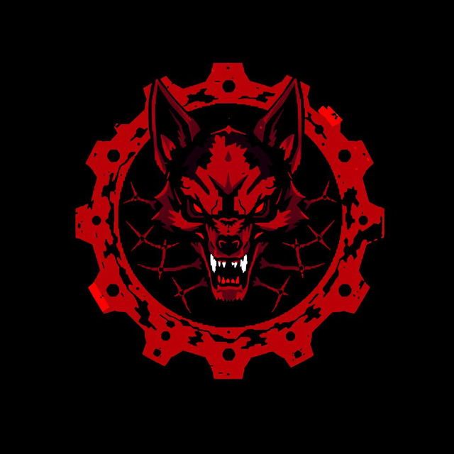 A pixel art illustration featuring a blood-red and black gear