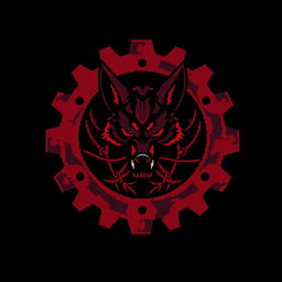 A pixel art illustration featuring a blood-red and black gear