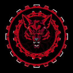 A pixel art illustration featuring a blood-red and black gear
