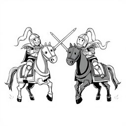 A dynamic and whimsical illustration depicting two knights clad in shining armor, each mounted on their armored horses, engaged in a playful duel