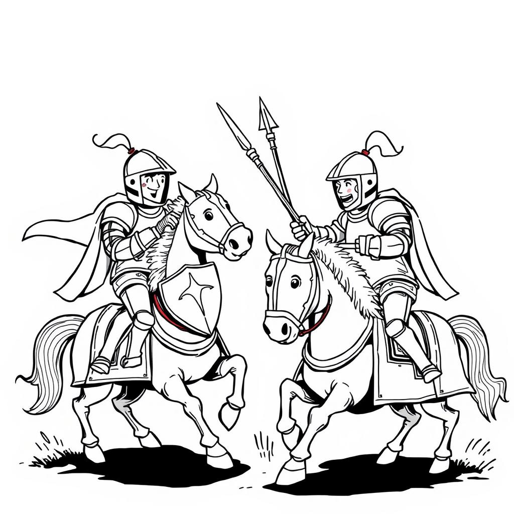 A dynamic and whimsical illustration depicting two knights clad in shining armor, each mounted on their armored horses, engaged in a playful duel