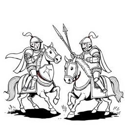 A dynamic and whimsical illustration depicting two knights clad in shining armor, each mounted on their armored horses, engaged in a playful duel