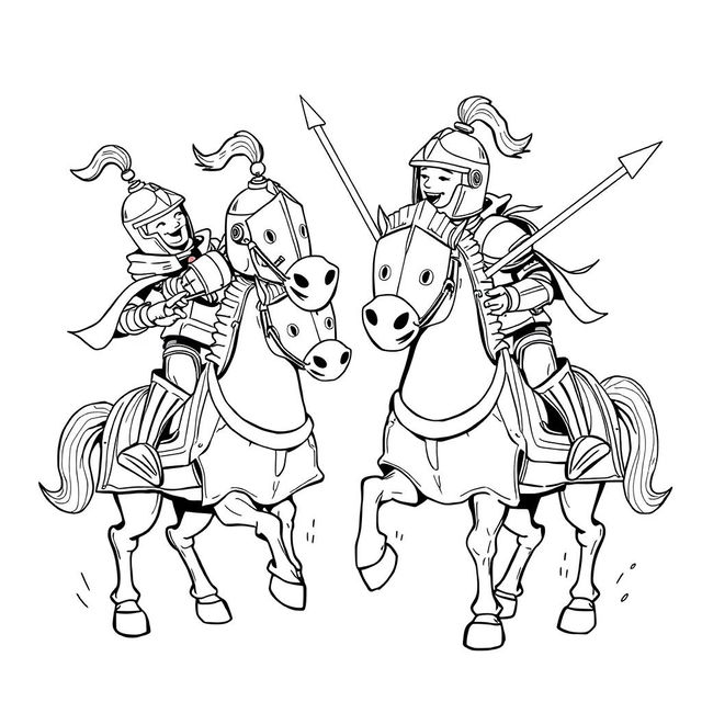 A dynamic and whimsical illustration depicting two knights clad in shining armor, each mounted on their armored horses, engaged in a playful duel