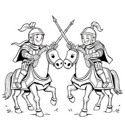 A dynamic and whimsical illustration depicting two knights clad in shining armor, each mounted on their armored horses, engaged in a playful duel