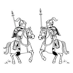 A lively and whimsical illustration of two knights in shining armor, each mounted on their armored horses, engaged in a spirited jousting competition