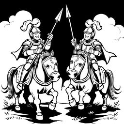 A lively and whimsical illustration of two knights in shining armor, each mounted on their armored horses, engaged in a spirited jousting competition