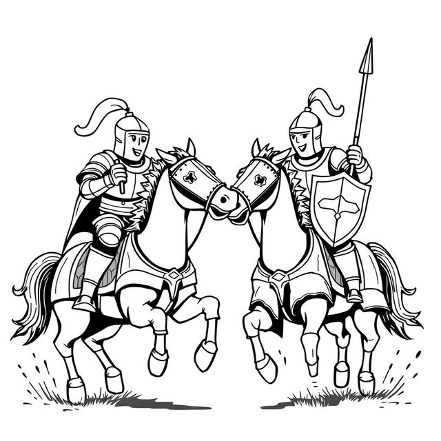 A lively and whimsical illustration of two knights in shining armor, each mounted on their armored horses, engaged in a spirited jousting competition