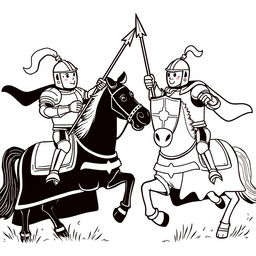 A lively and whimsical illustration of two knights in shining armor, each mounted on their armored horses, engaged in a spirited jousting competition