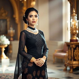 A beautiful traditional black Kebaya, showcasing the elegance and intricate details of Indonesian fashion