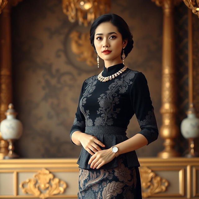 A beautiful traditional black Kebaya, showcasing the elegance and intricate details of Indonesian fashion