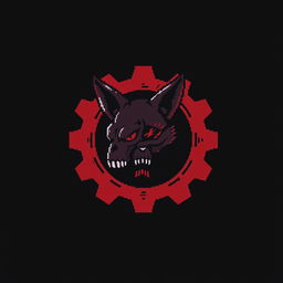 A pixel art illustration featuring a blood-red and black gear at the center