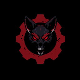 A pixel art illustration featuring a blood-red and black gear at the center