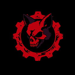 A pixel art illustration featuring a blood-red and black gear at the center