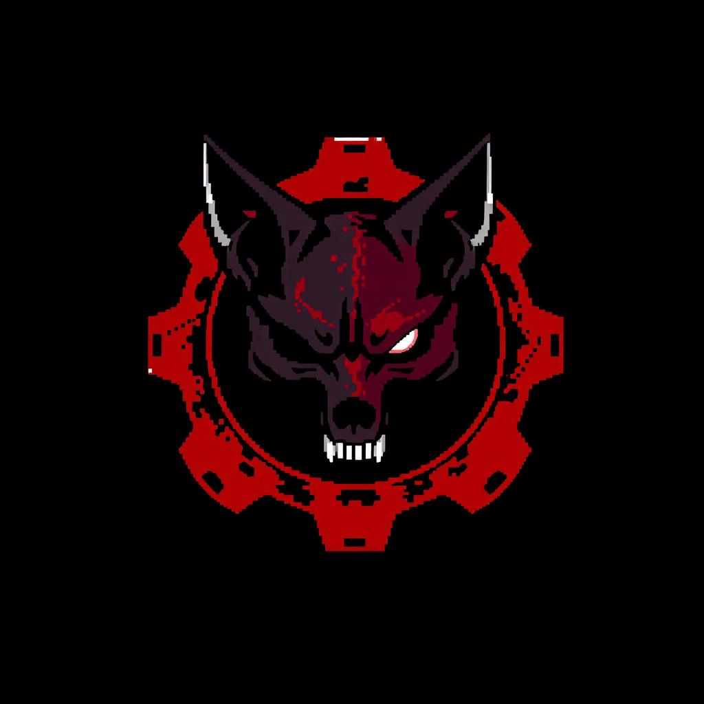 A pixel art illustration featuring a blood-red and black gear at the center