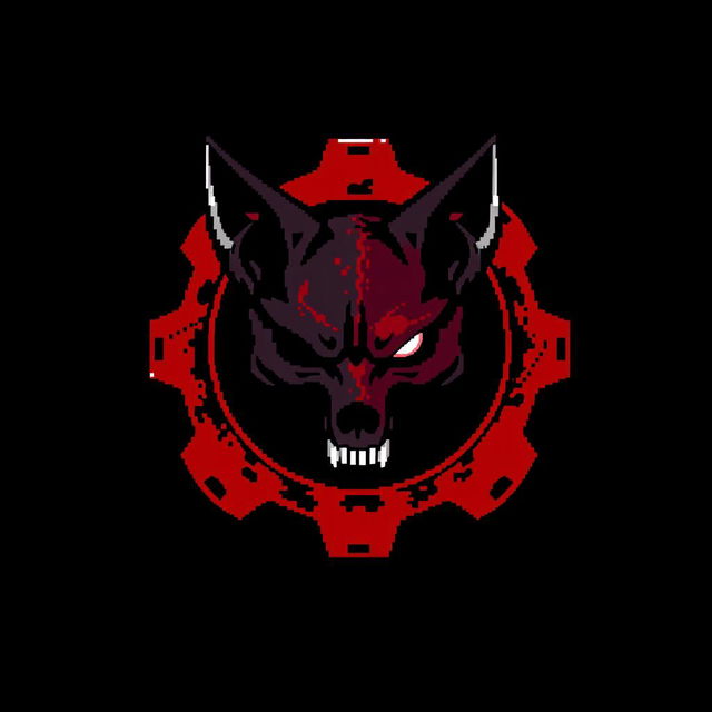 A pixel art illustration featuring a blood-red and black gear at the center