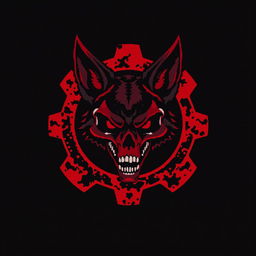 A pixel art drawing featuring a blood-red and black gear at the center, inside which lies a terrifying fox head
