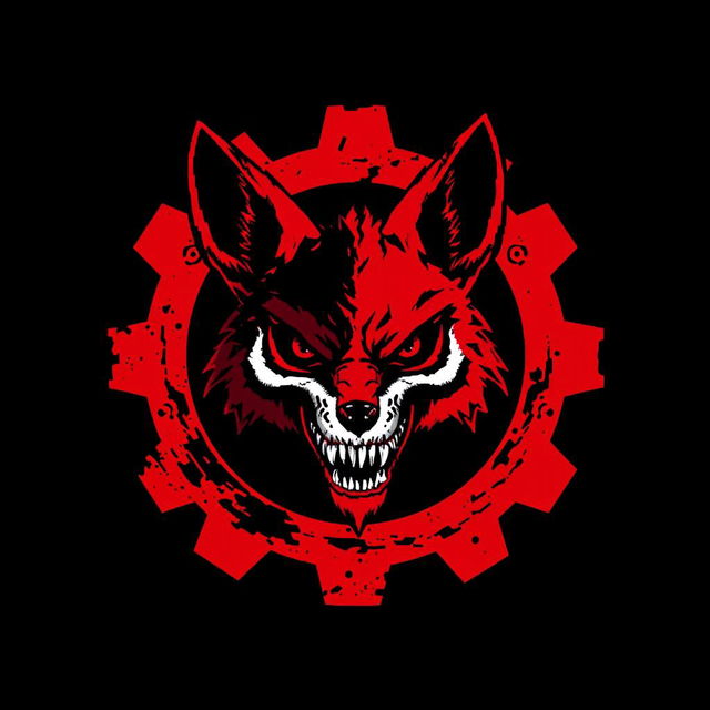 A pixel art drawing featuring a blood-red and black gear at the center, inside which lies a terrifying fox head