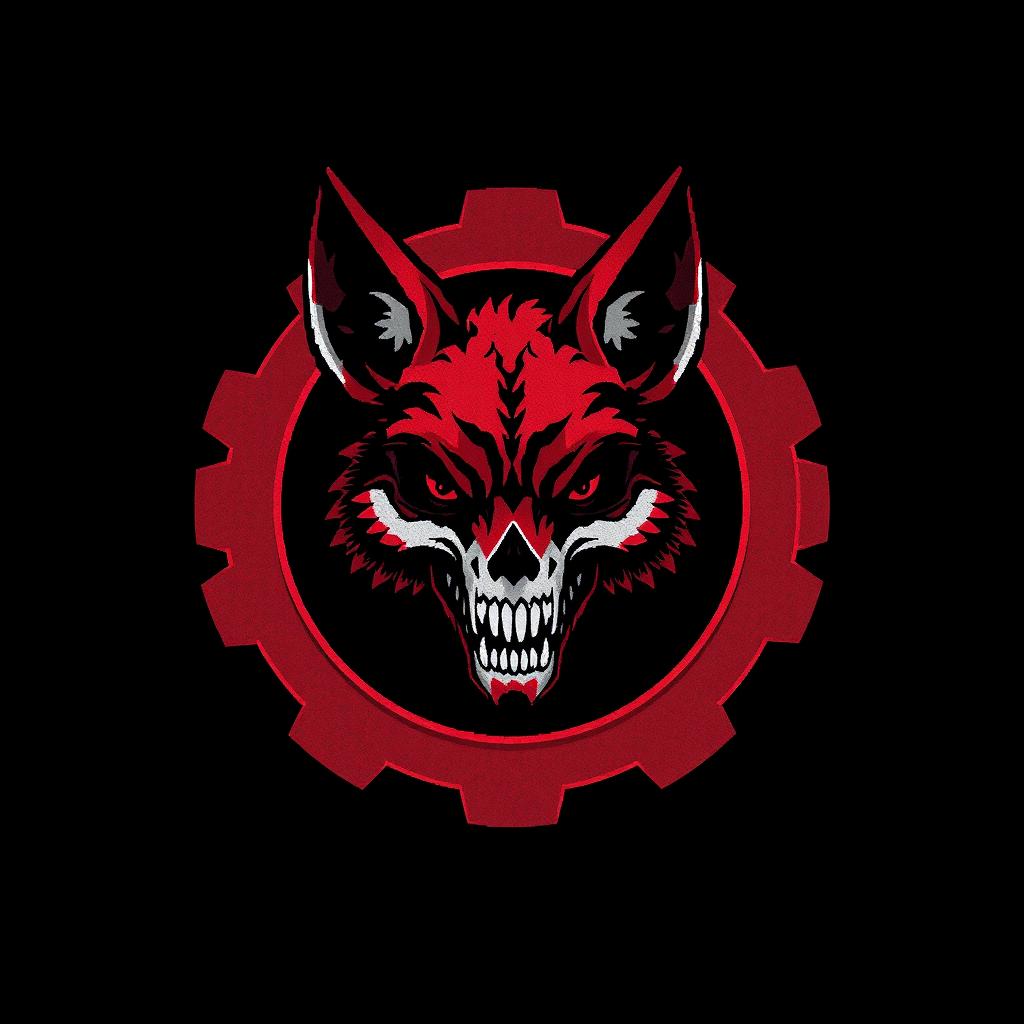 A pixel art drawing featuring a blood-red and black gear at the center, inside which lies a terrifying fox head