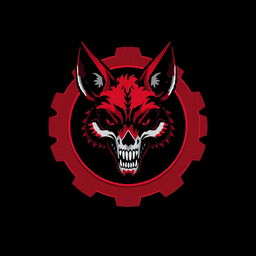 A pixel art drawing featuring a blood-red and black gear at the center, inside which lies a terrifying fox head